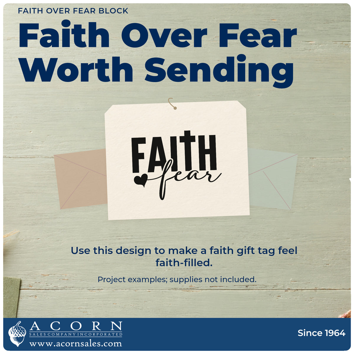 A finished handmade project stamped with the Faith Over Fear Block Rubber Stamp – Wood Handle, ideal for skydive gift tags.