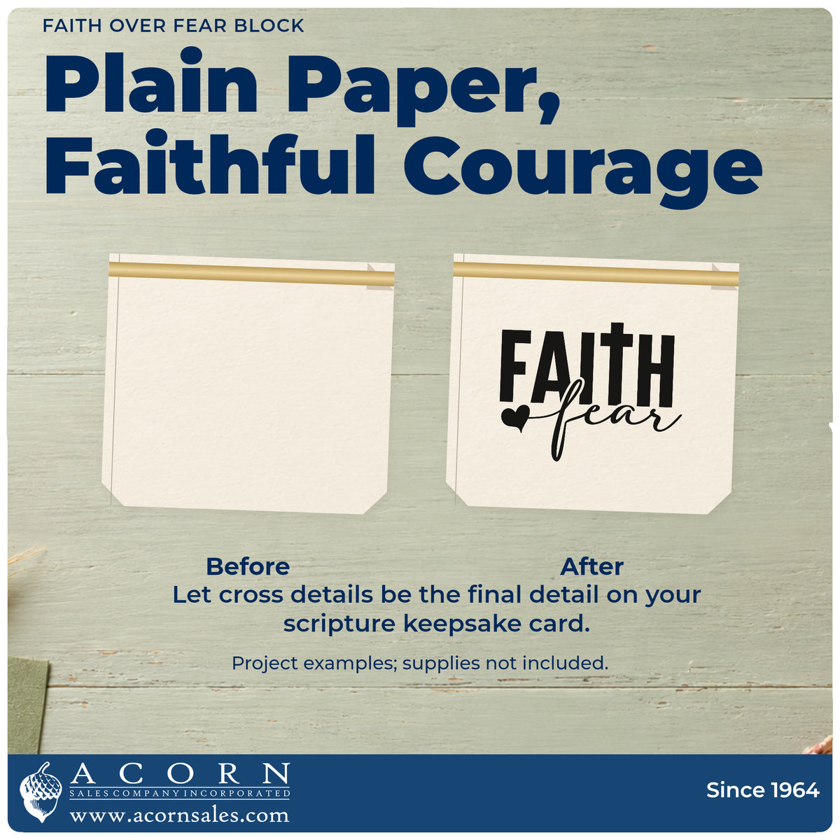 Before and after of a plain item finished with the Self-Inking Faith Over Fear Block Stamp, a quick upgrade for surgery care tags.