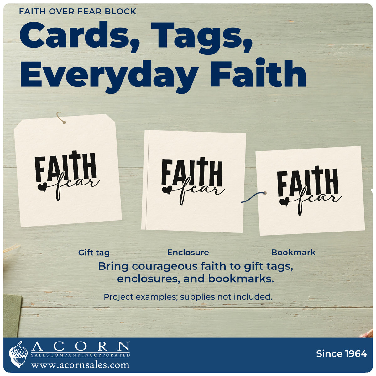Three project examples made with the Faith Over Fear Block Rubber Stamp – Wood Handle, including courage pages.