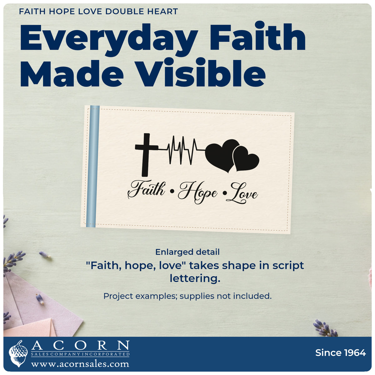 Enlarged detail of the Faith Hope Love Double Heart With Cross Pre-Inked Stamp – Slim imprint. A cross, heartbeat line, and two solid hearts sit above "Faith, hope, love" script.