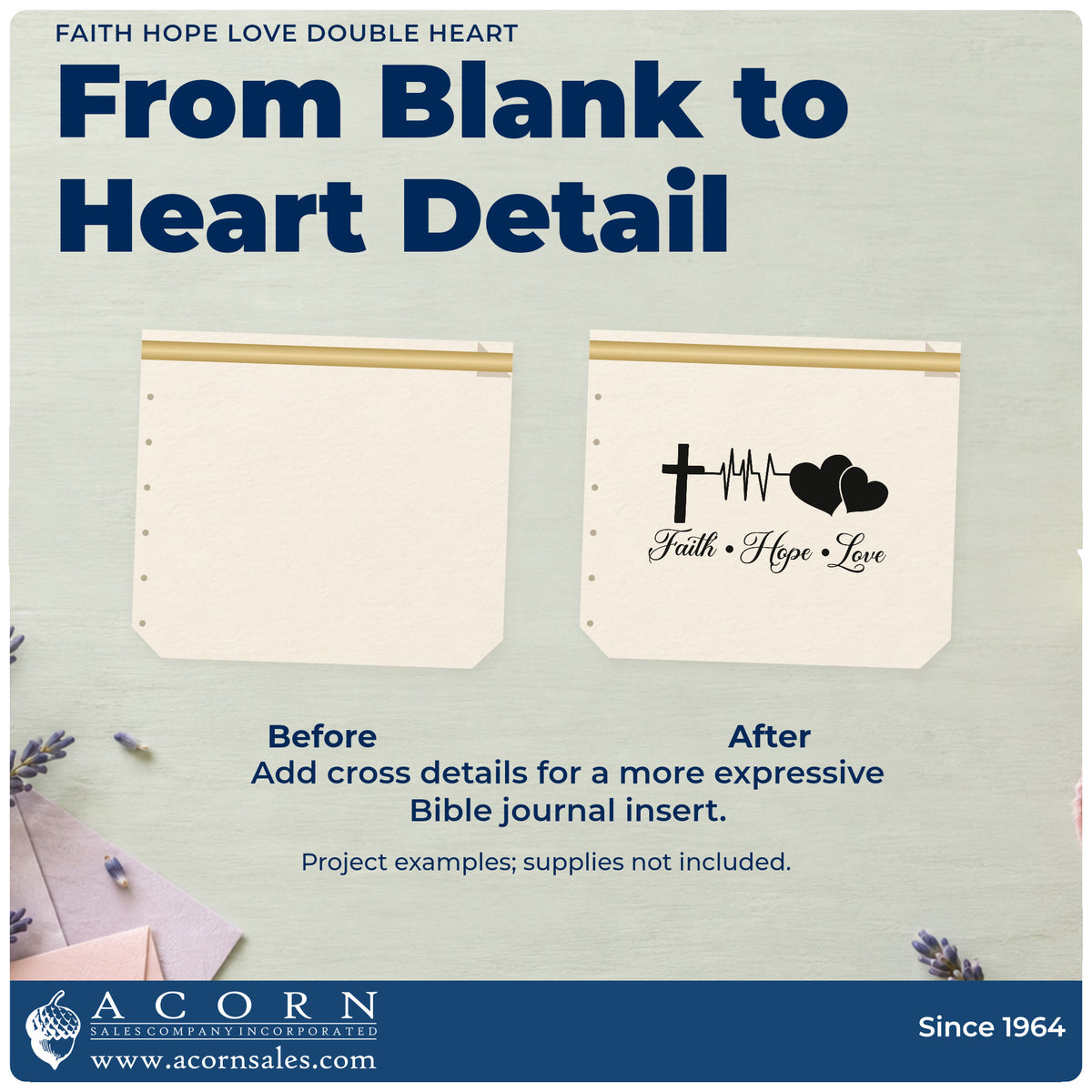 Before and after of a plain item finished with the Faith Hope Love Double Heart With Cross Pre-Inked Stamp – Slim, a quick upgrade for blood drive thank-yous.