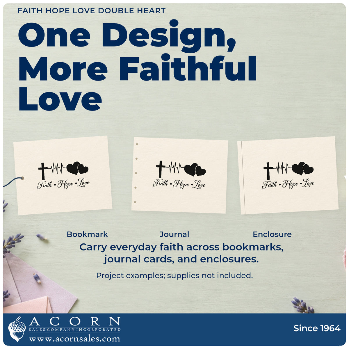 Three project examples made with the Wood Handle Faith Hope Love Double Heart With Cross Rubber Stamp, including recovery pages.