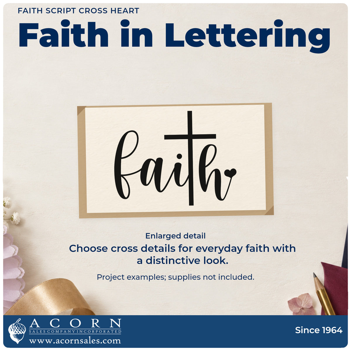 Enlarged detail of the Premium Wooden Faith Script Cross Heart Lettering Stamp - Vintage Pro imprint. Large flowing "Faith" lettering incorporates a tall cross and a small heart.