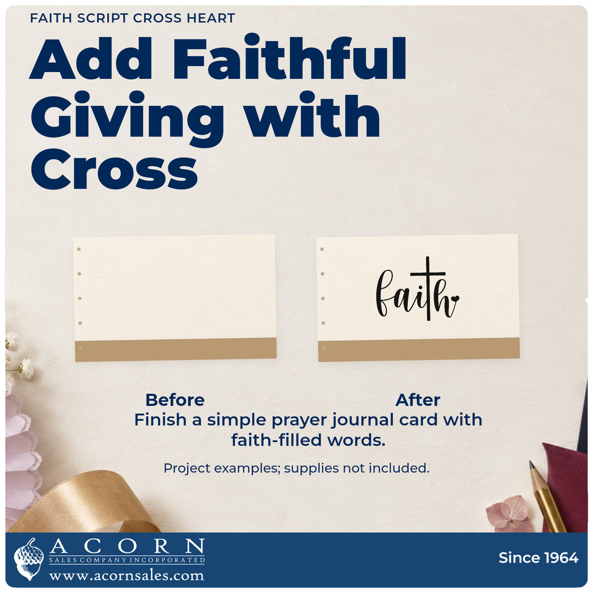 Before and after of a plain item finished with the Faith Script Cross Heart Lettering Stamp – Slim Pre-Inked, a quick upgrade for envelope seals.