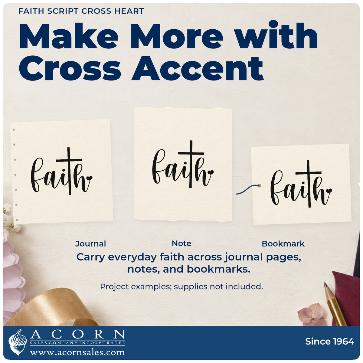 Three project examples made with the Faith Script Cross Heart Lettering Stamp – Slim Pre-Inked, including title word pages.
