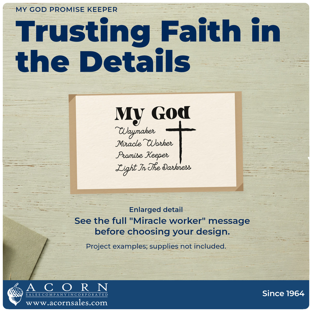 Enlarged detail of the My God Promise Keeper With Cross Stamp - Premium Vintage Pro Wooden imprint. A cross sits beside "My God" and lines reading "Waymaker," "Miracle worker," "Promise keeper," and "Light in the darkness."