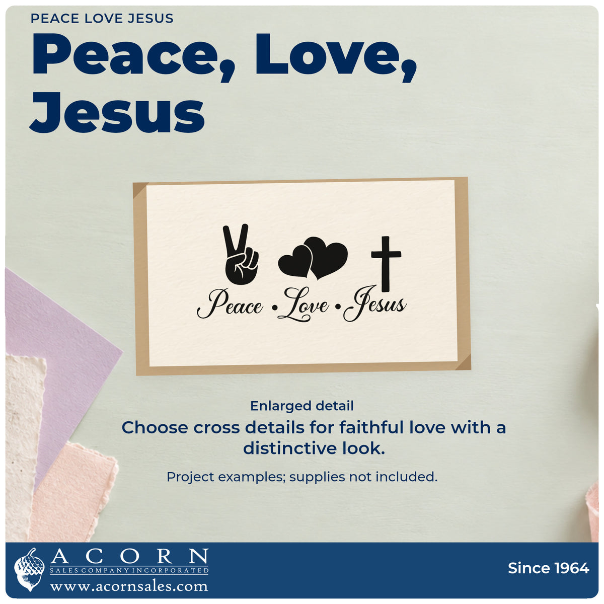 Enlarged detail of the Peace Love Jesus Stamp – Wood Handle imprint. A peace-sign hand, two hearts, and a cross sit above "Peace, love, Jesus" script.