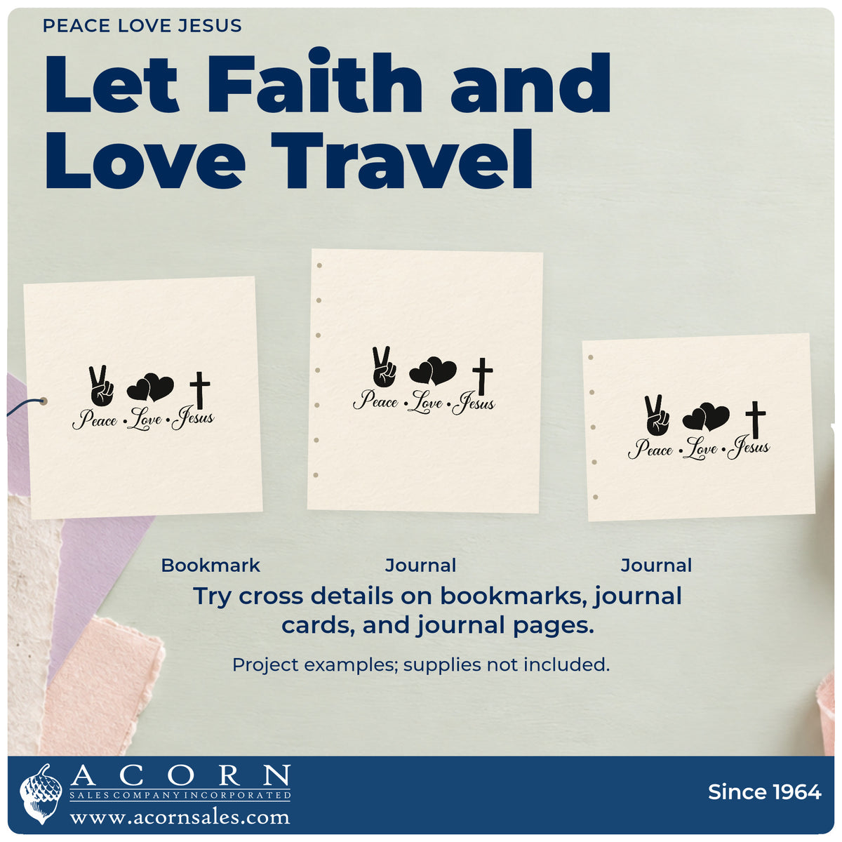 Three project examples made with the Peace Love Jesus Rubber Stamp – Duo Hand, including retro scrapbooks.