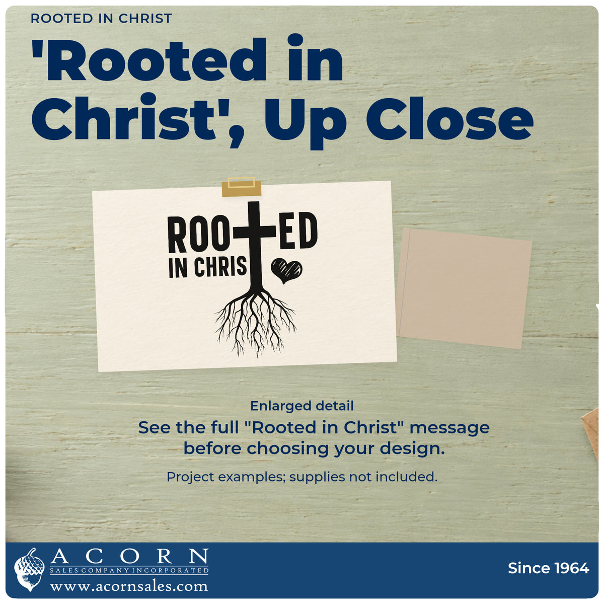 Enlarged detail of the Rooted In Christ With Cross Stamp – Self-Inking imprint. A cross with branching roots forms part of "Rooted in Christ," accompanied by a heart.