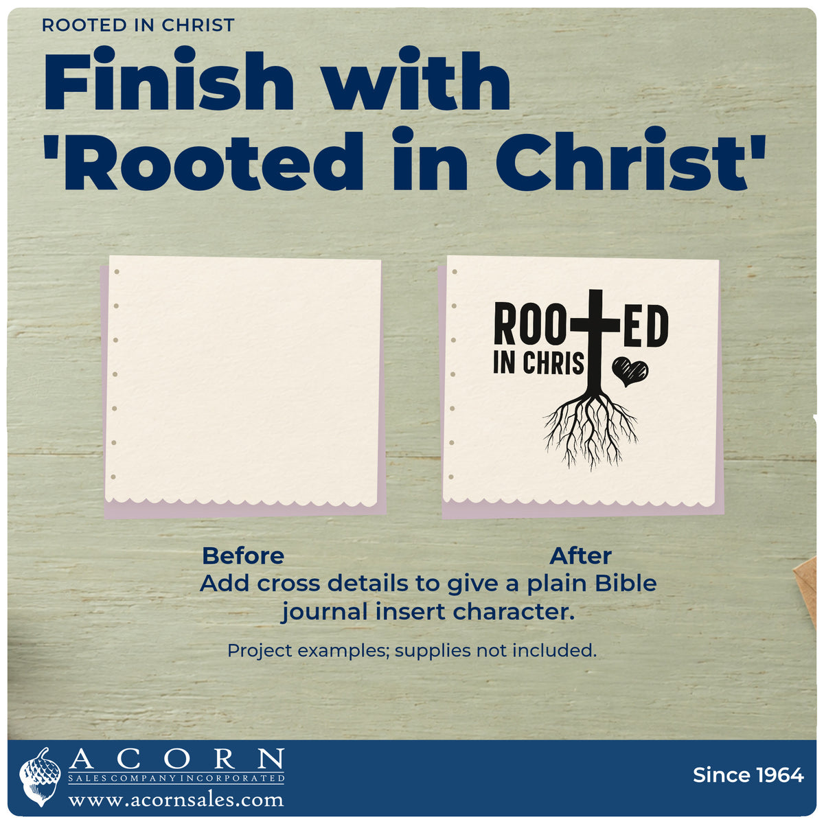 Before and after of a plain item finished with the Rooted In Christ With Cross Stamp – Self-Inking, a quick upgrade for baptism gifts.