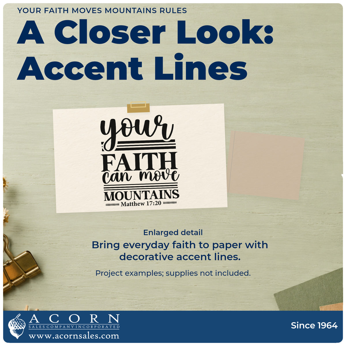 Enlarged detail of the Your Faith Moves Mountains Lined Lettering Premium Wood-Mounted Stamp - Vintage Pro imprint. Horizontal rules divide "Your faith can move mountains," with Matthew 17:20 below.