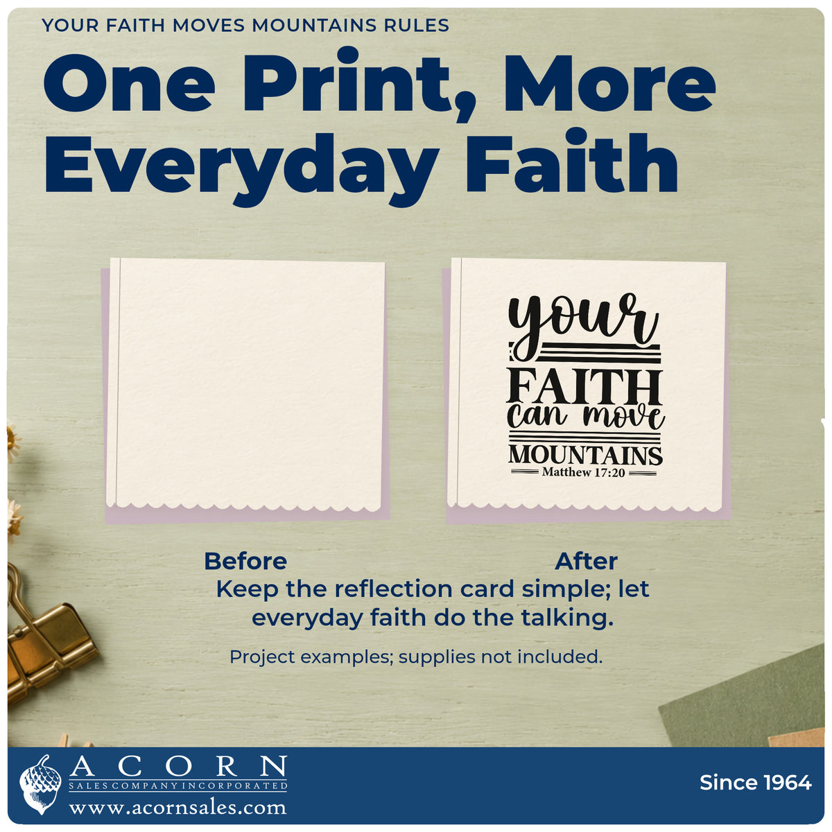Before and after of a plain item finished with the Your Faith Moves Mountains Lined Lettering Premium Wood-Mounted Stamp - Vintage Pro, a quick upgrade for sermon note headers.