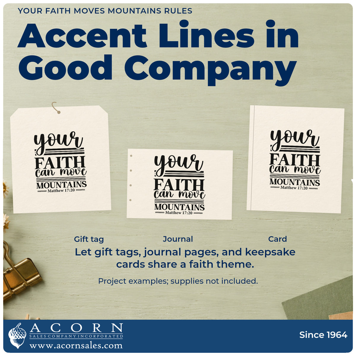 Three project examples made with the Your Faith Moves Mountains Lined Lettering Slim Pre-Inked Stamp, including challenge pages.