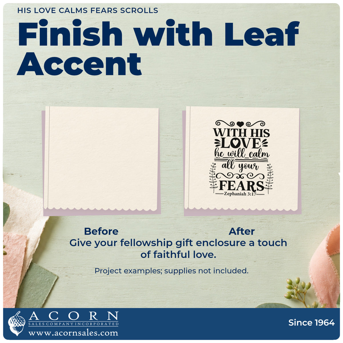 Before and after of a plain item finished with the Premium Wooden His Love Calms Fears Scrolls Leafy Branches Stamp - Vintage Pro, a quick upgrade for storm night notes.