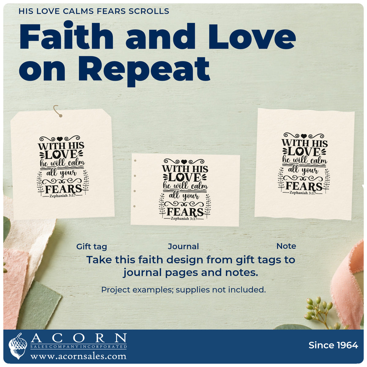 Three project examples made with the Premium Wooden His Love Calms Fears Scrolls Leafy Branches Stamp - Vintage Pro, including calm pages.
