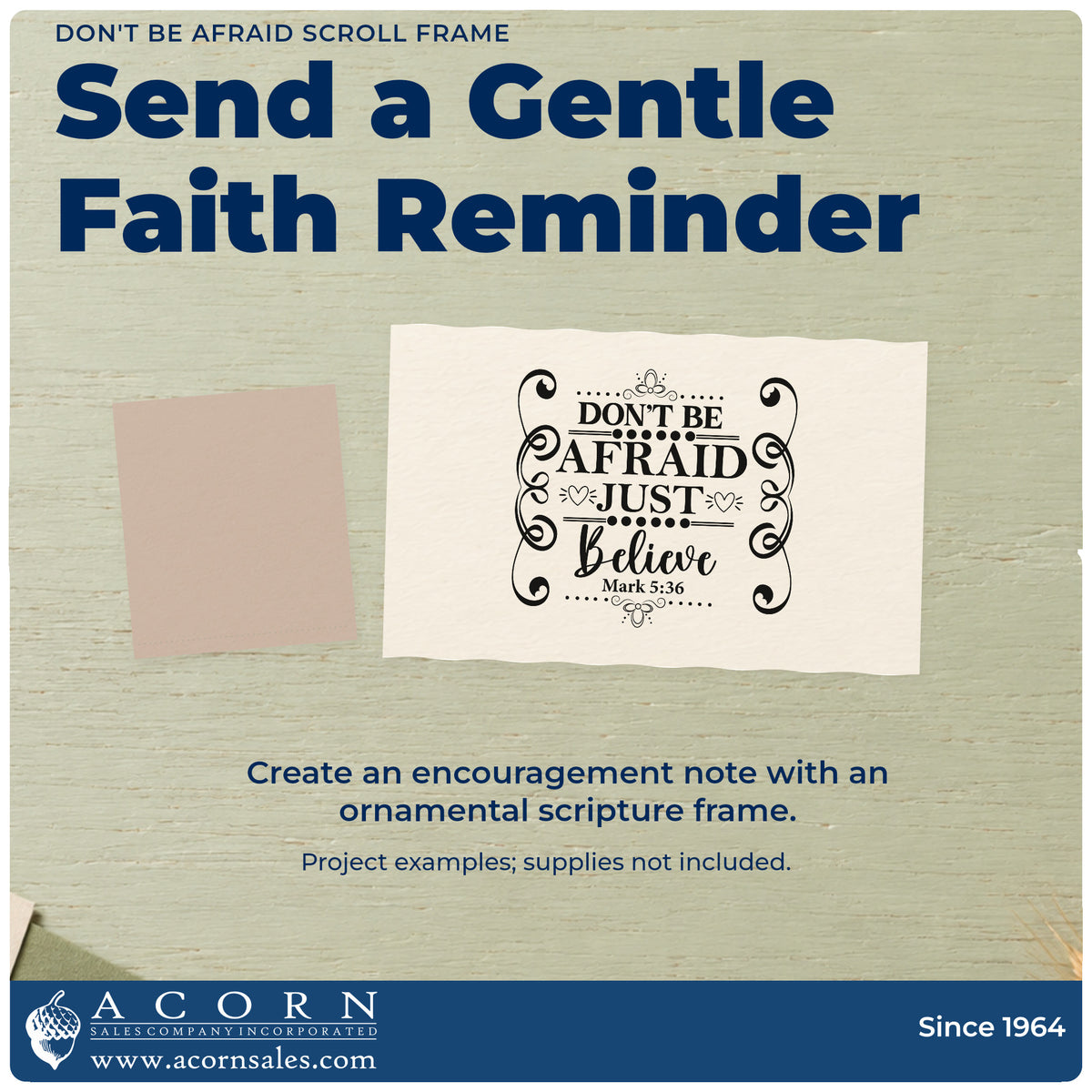 A finished handmade project stamped with the Don't Be Afraid Scroll Frame Self-Inking Stamp, ideal for oncology care kits.