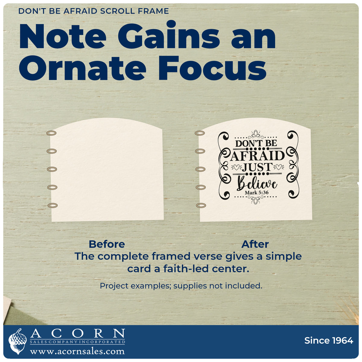 Before and after of a plain item finished with the Don't Be Afraid Scroll Frame Self-Inking Stamp, a quick upgrade for flight anxiety gifts.