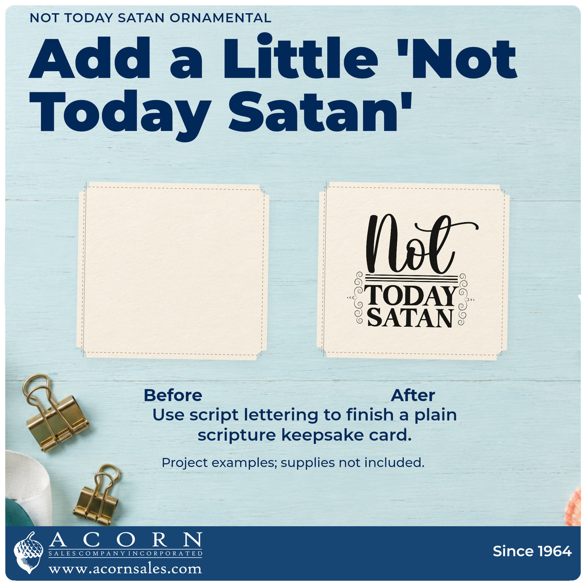 Before and after of a plain item finished with the Not Today Satan Ornamental Frame Accent Stamp – Self-Inking, a quick upgrade for planner stickers.
