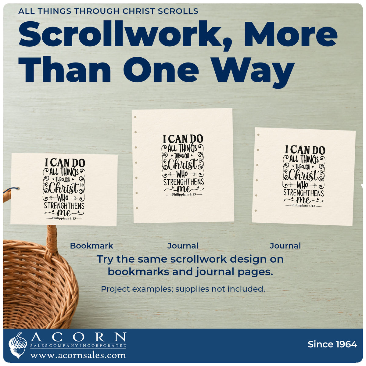 Three project examples made with the Slim Pre-Inked All Things Through Christ Scrolls Stamp, including achievement pages.