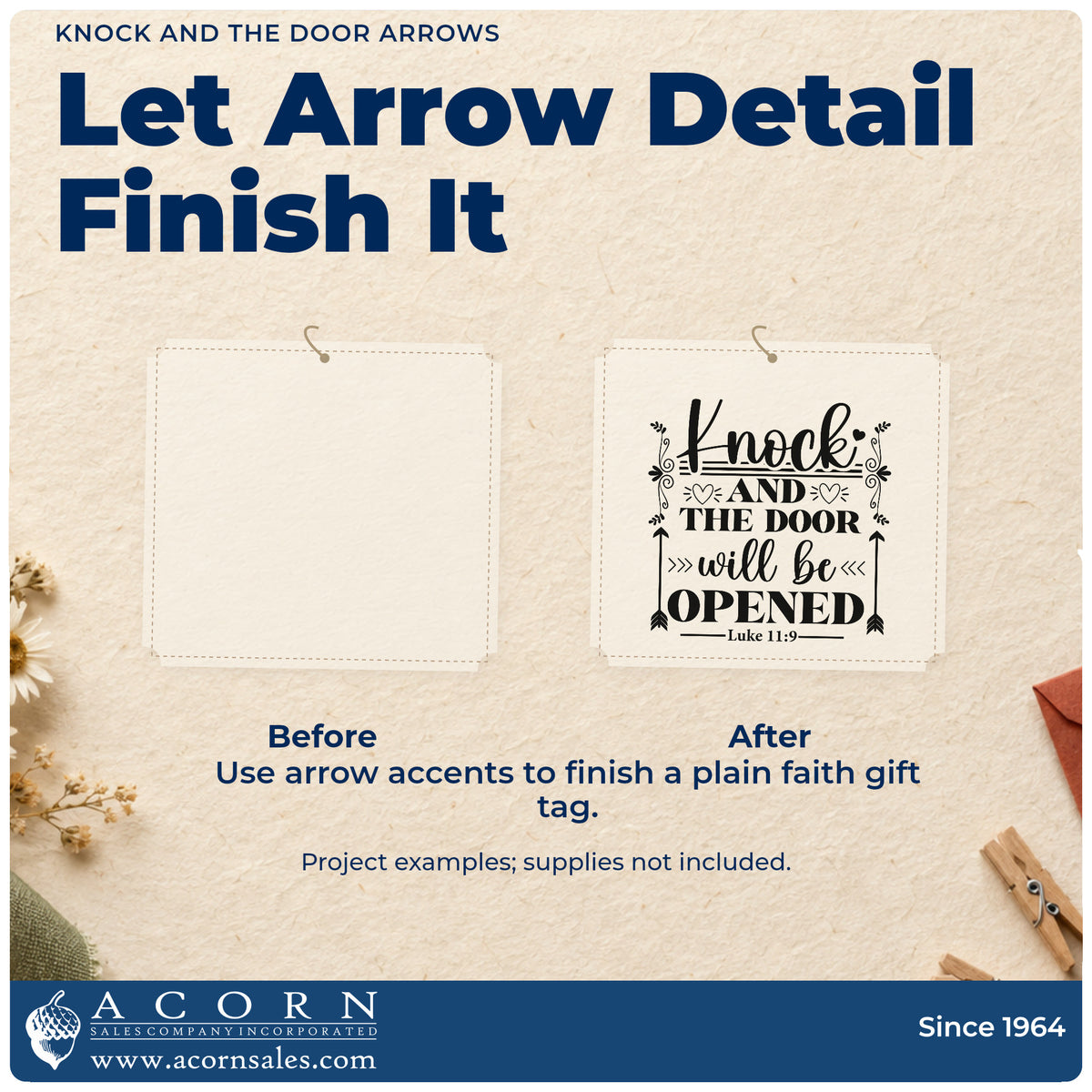 Before and after of a plain item finished with the Knock And The Door Arrows With Hearts Pre-Inked Stamp – Slim, a quick upgrade for realtor closing tags.