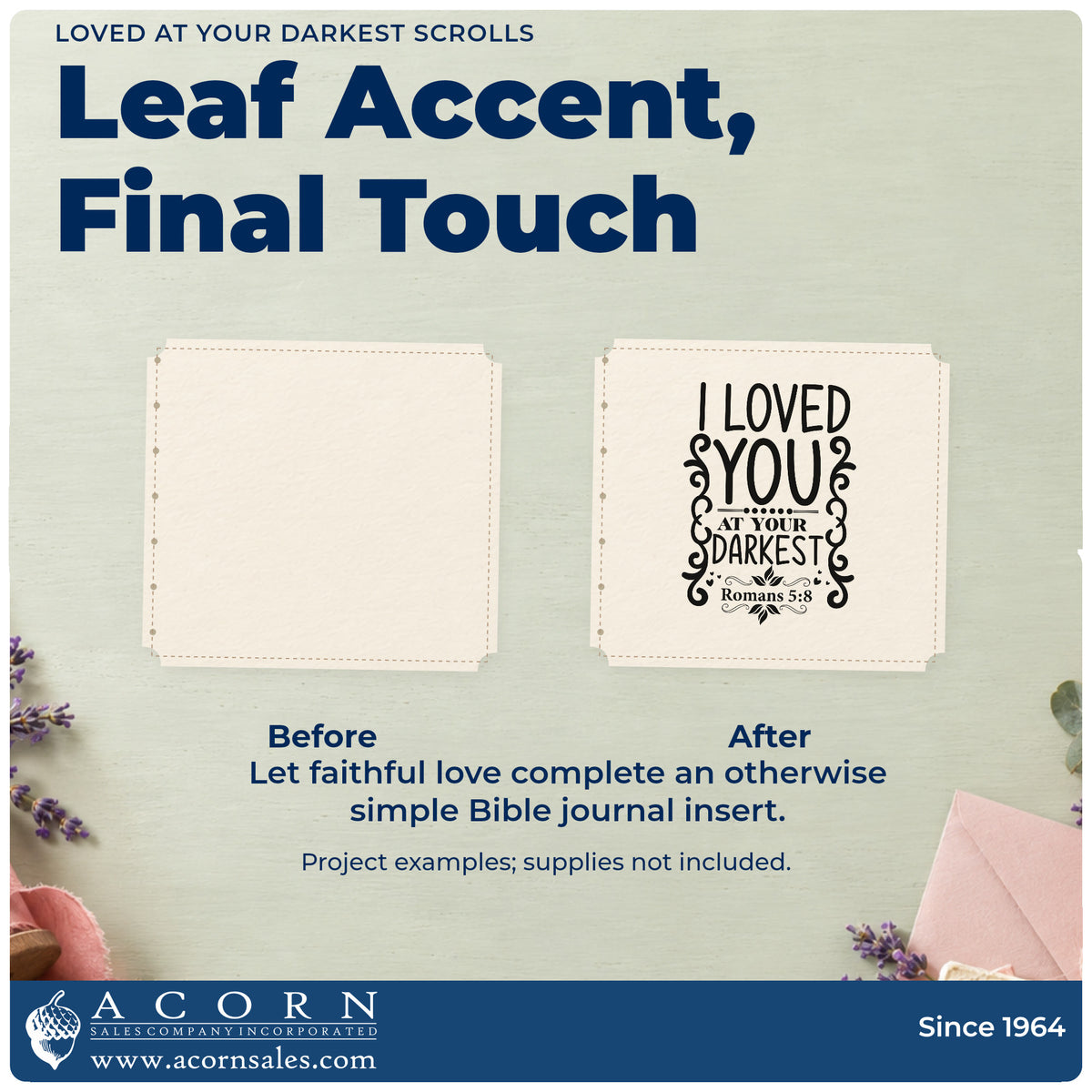 Before and after of a plain item finished with the Self-Inking Loved At Your Darkest Scrolls Stamp, a quick upgrade for good friday programs.