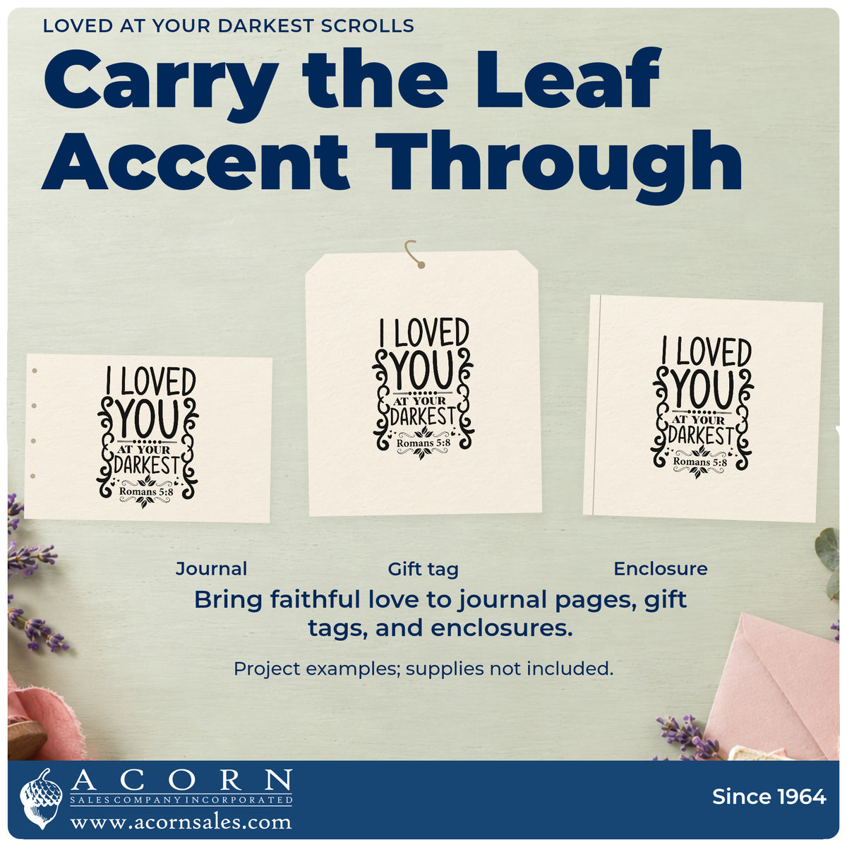 Three project examples made with the Loved At Your Darkest Scrolls Slim Pre-Inked Stamp, including redemption pages.