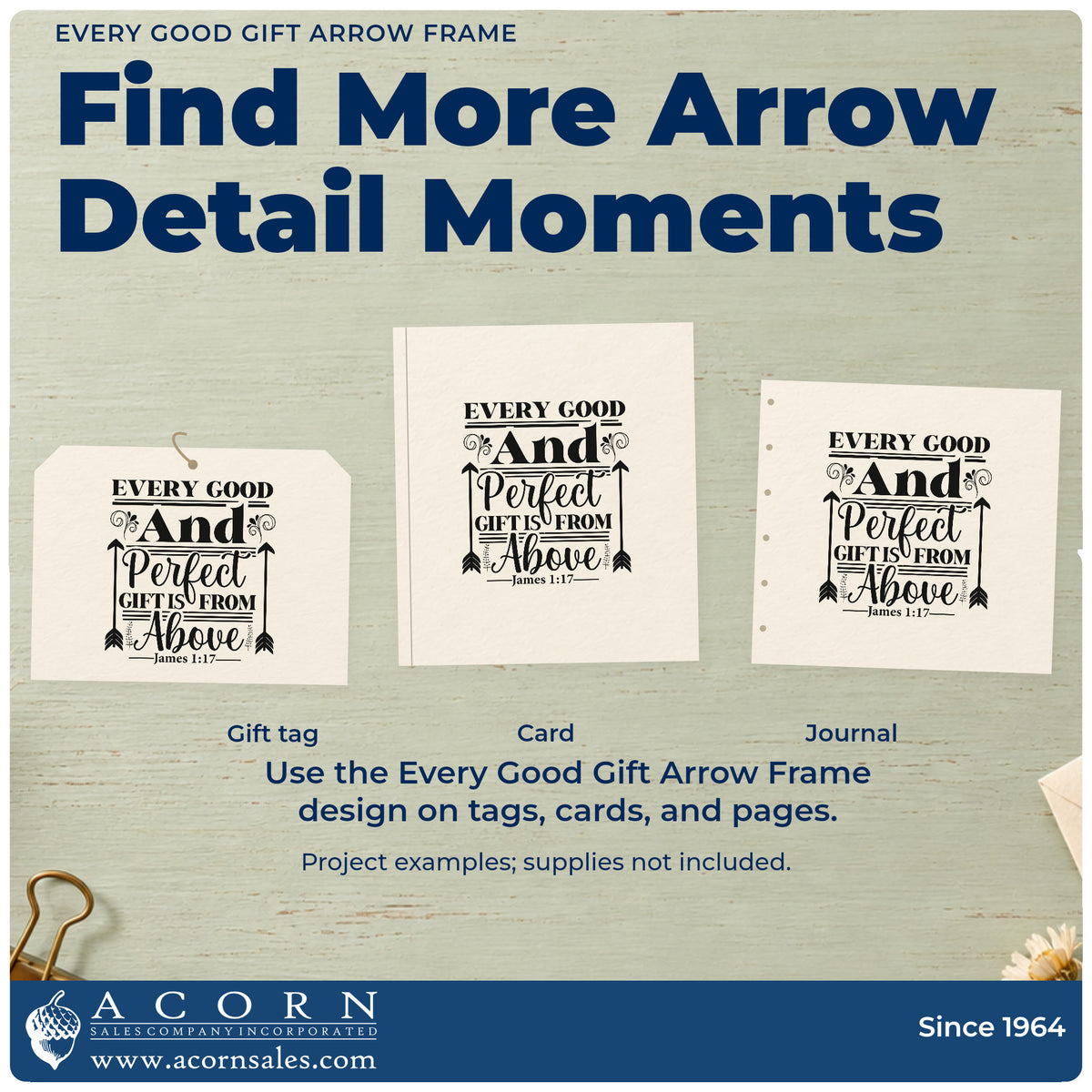 Three project examples made with the Every Good Gift Arrow Framed Lettering Pre-Inked Stamp – Slim, including blessing pages.