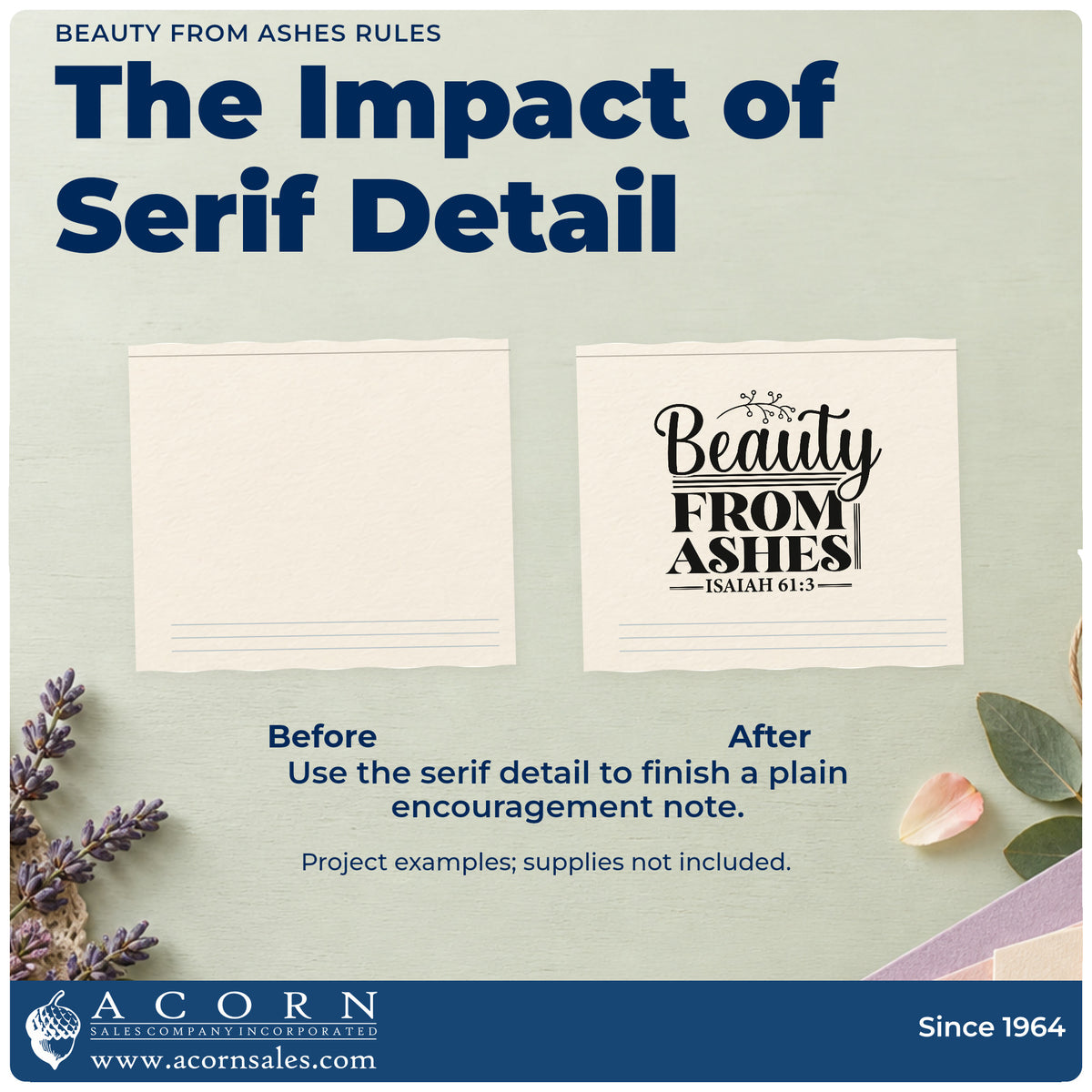 Before and after of a plain item finished with the Beauty From Ashes Botanical Lettering Premium Wooden Stamp - Vintage Pro, a quick upgrade for ash wednesday handouts.