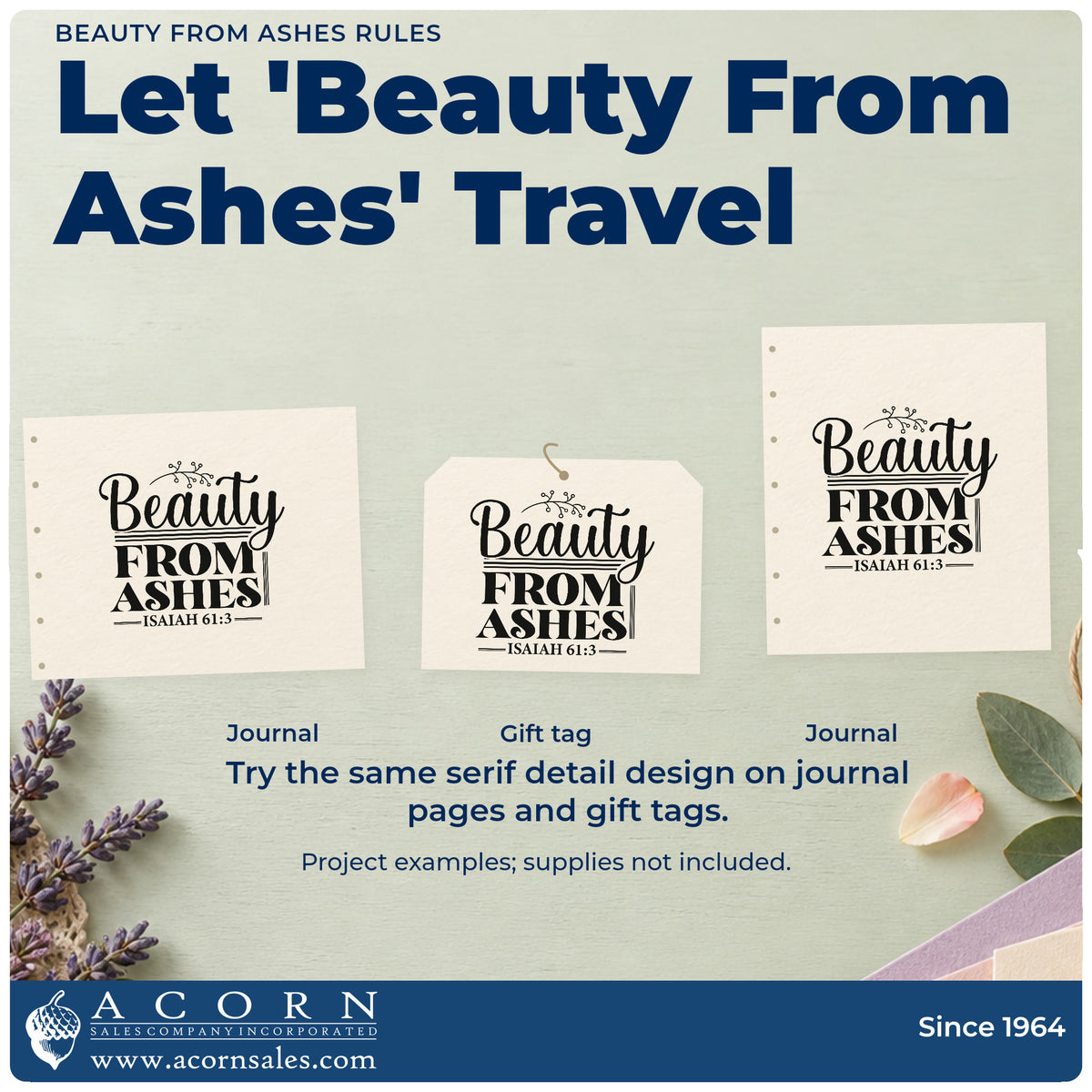 Three project examples made with the Beauty From Ashes Botanical Lettering Slim Pre-Inked Stamp, including rebuild pages.