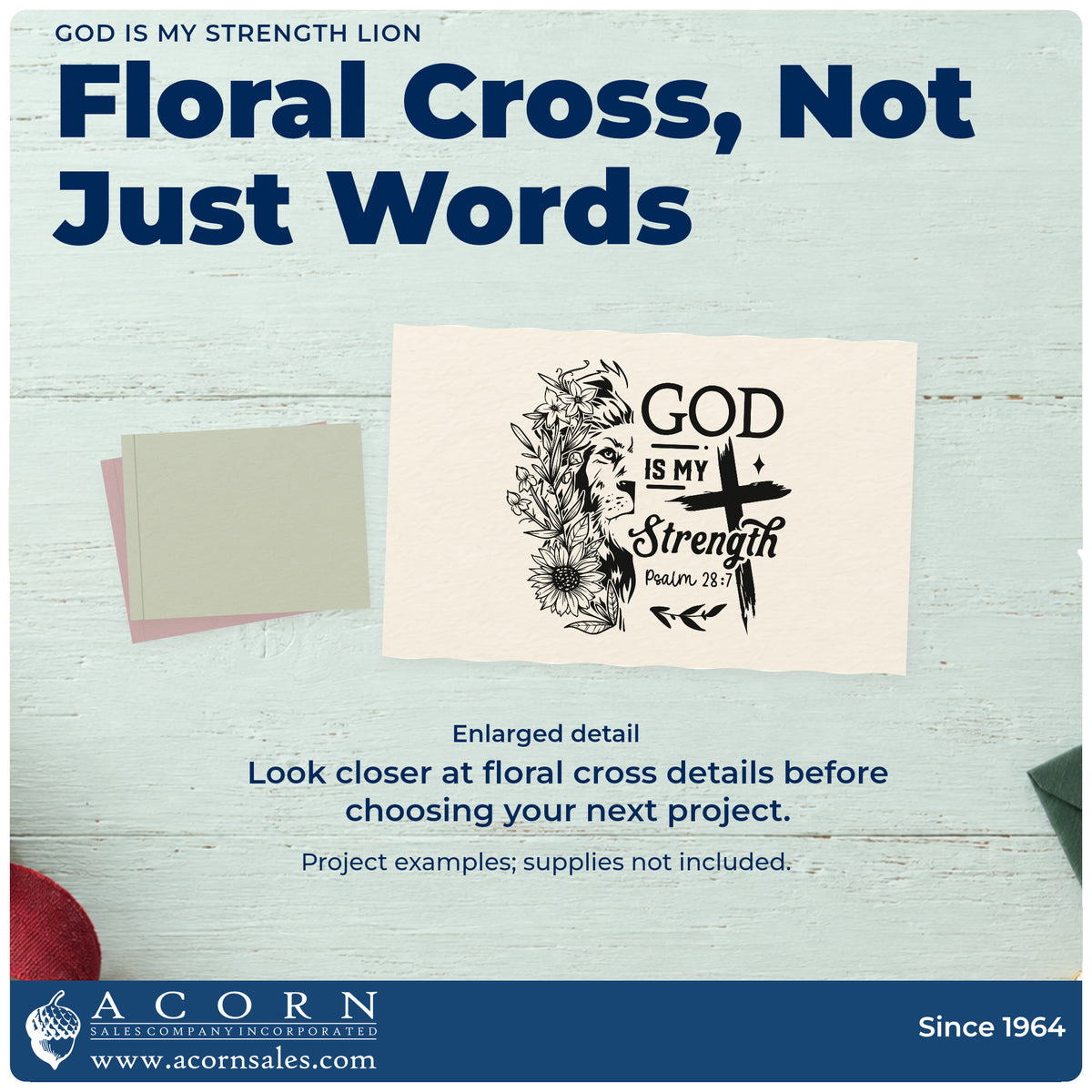 Enlarged detail of the God Is My Strength Lion With Cross Rubber Stamp – Wood Handle imprint. Half of a lion's face is surrounded by flowers beside a cross and "God is my strength," with Psalm 28:7.