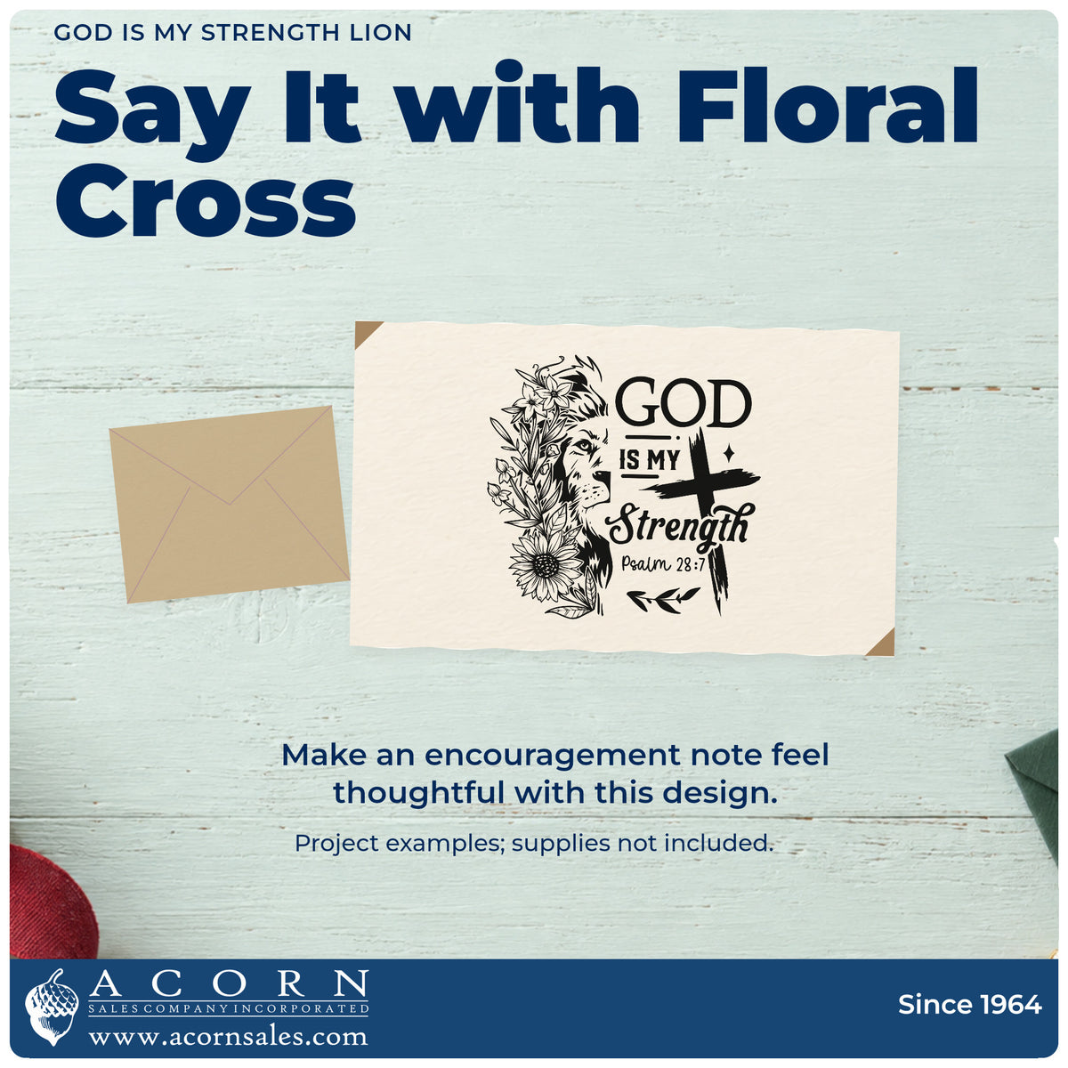 A finished handmade project stamped with the God Is My Strength Lion With Cross Rubber Stamp – Wood Handle, ideal for lion party favors.