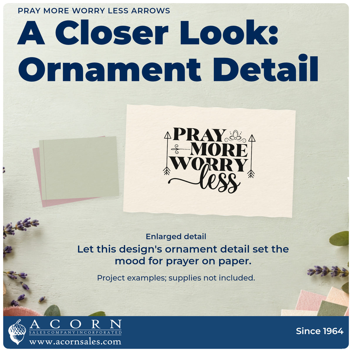 Enlarged detail of the Pray More Worry Less Arrows Rubber Stamp – Duo Hand imprint. Two tall arrows and small ornaments frame "Pray more, worry less."