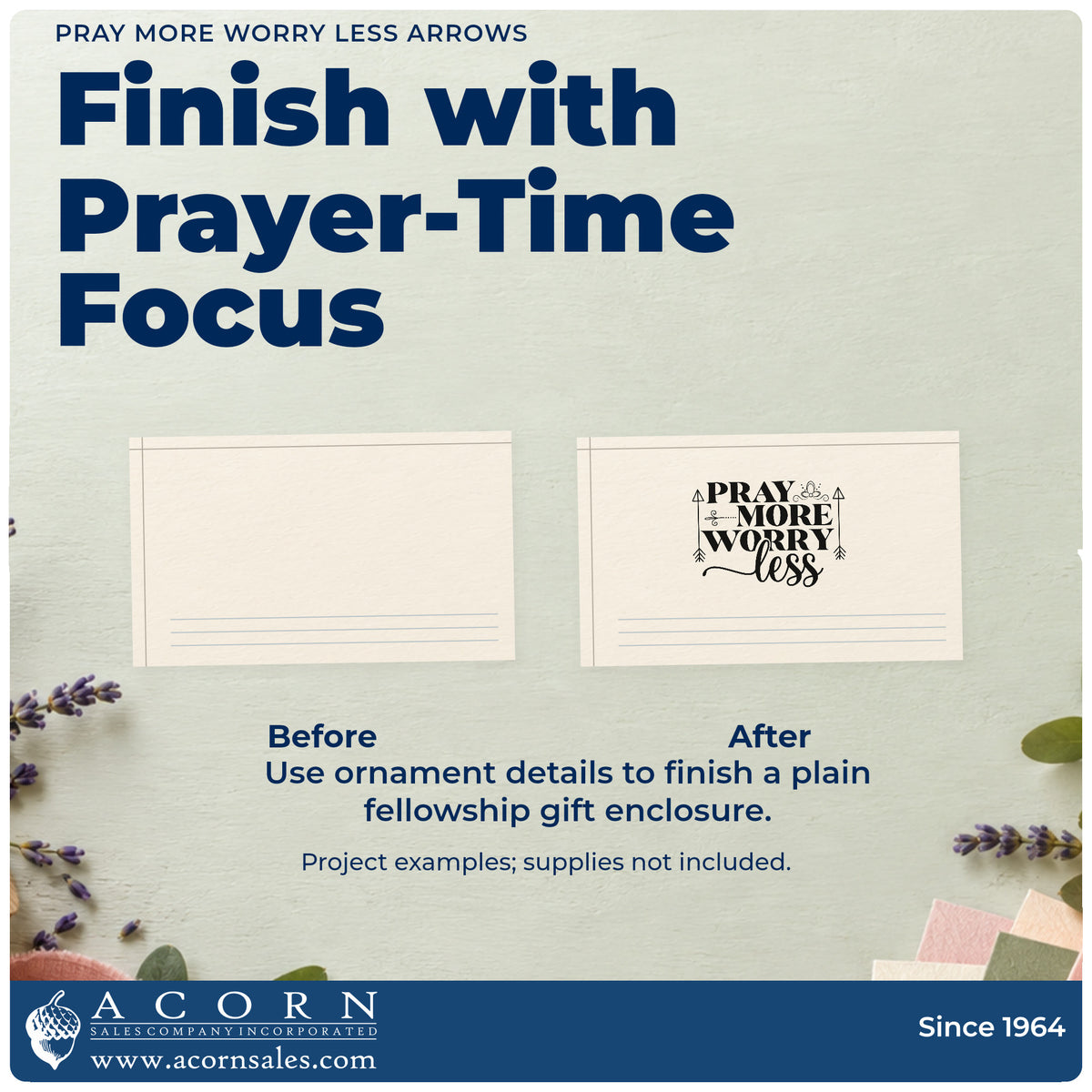 Before and after of a plain item finished with the Pray More Worry Less Arrows Self-Inking Stamp, a quick upgrade for nurse station notes.