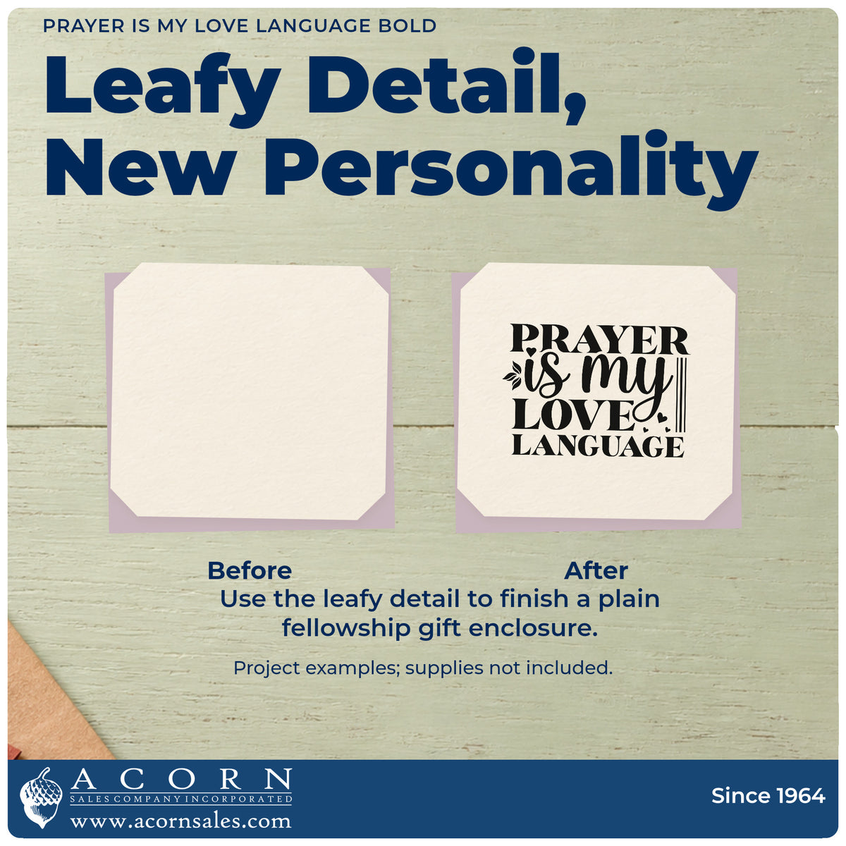 Before and after of a plain item finished with the Prayer Is My Love Language Leaf Accents Stamp – Self-Inking, a quick upgrade for grandmother thank-yous.