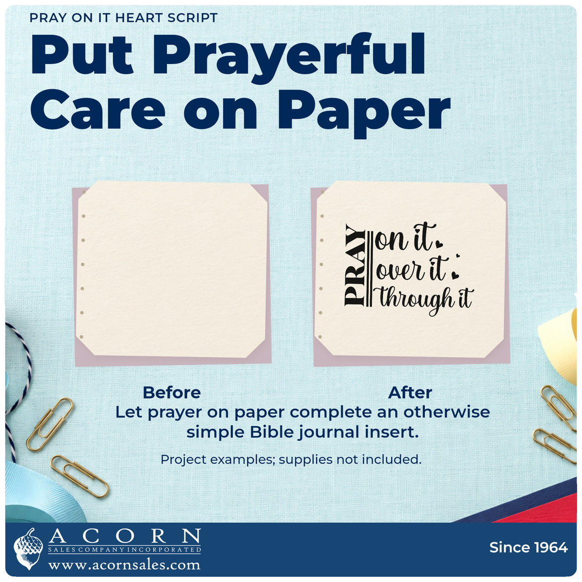 Before and after of a plain item finished with the Pray On It Heart Script Lettering Pre-Inked Stamp – Slim, a quick upgrade for women's group notes.