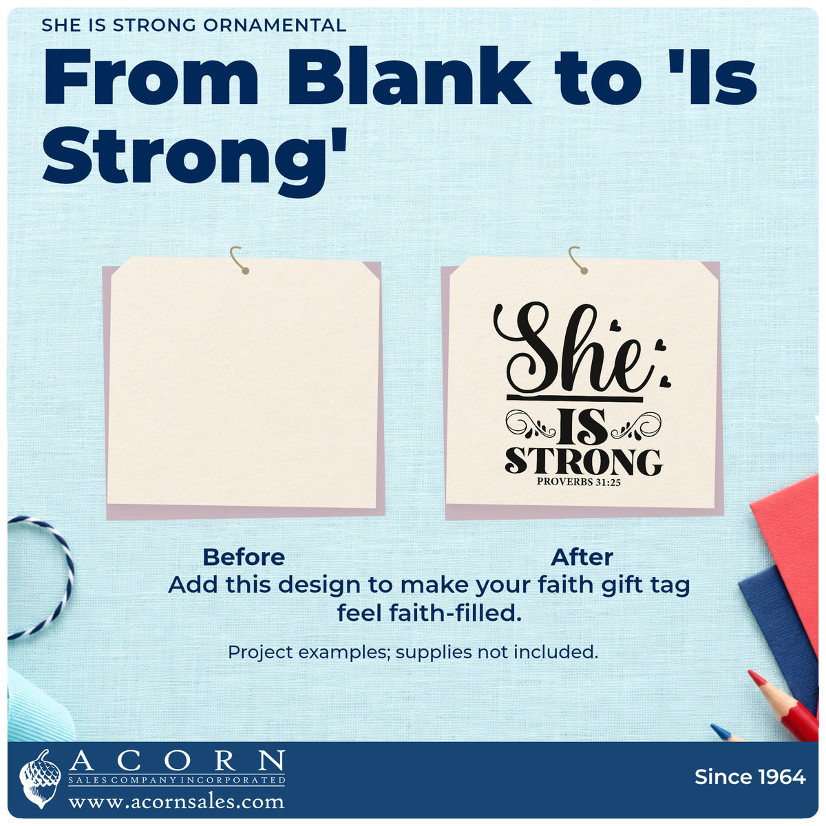 Before and after of a plain item finished with the She Is Strong Ornamental Stamp – Duo Hand, a quick upgrade for survivor gift tags.