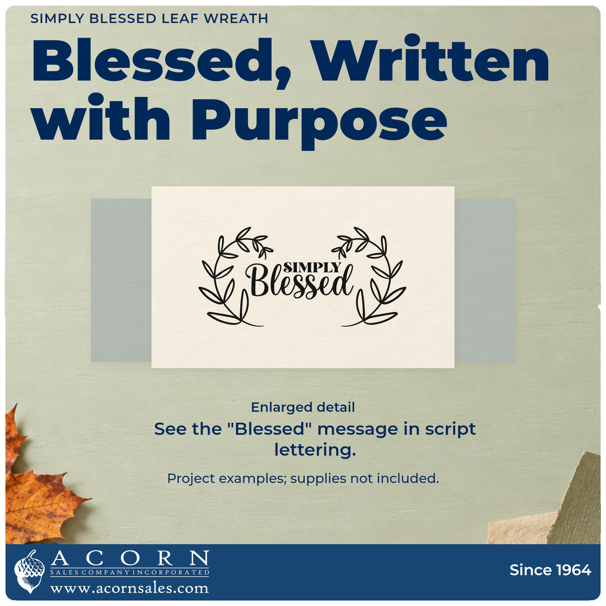 Enlarged detail of the Simply Blessed Leaf Wreath Premium Wooden Stamp - Vintage Pro imprint. Two curved leafy branches frame small "Simply" lettering and "Blessed" script.