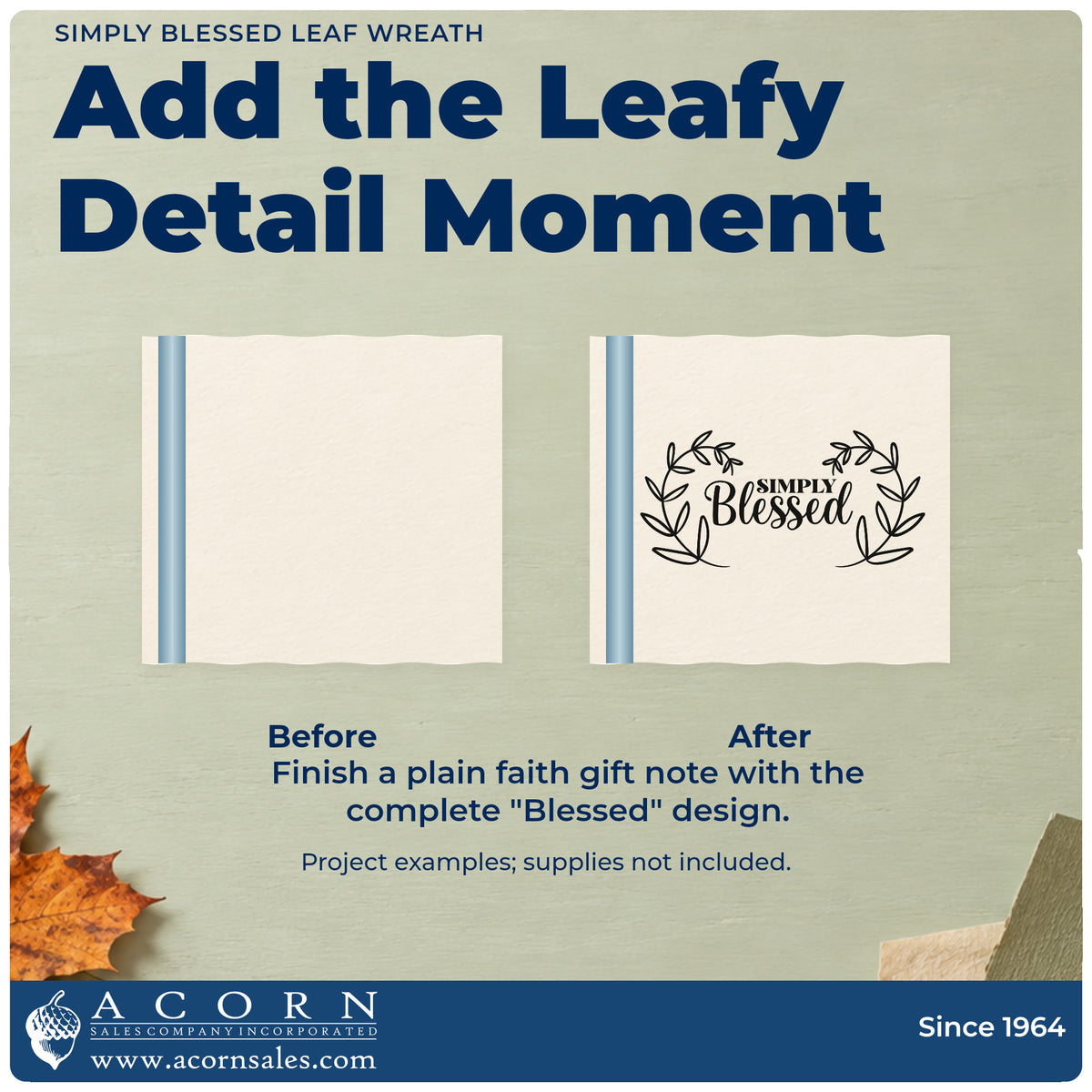 Before and after of a plain item finished with the Simply Blessed Leaf Wreath Premium Wooden Stamp - Vintage Pro, a quick upgrade for hostess gift tags.