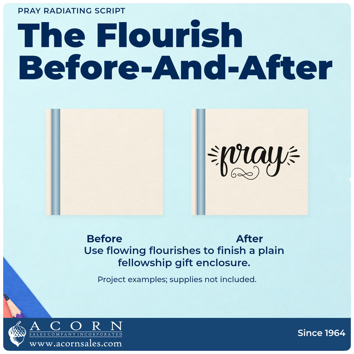 Before and after of a plain item finished with the Pray Radiating Script Lettering Stamp - Premium Vintage Pro Wooden, a quick upgrade for prayer box lids.