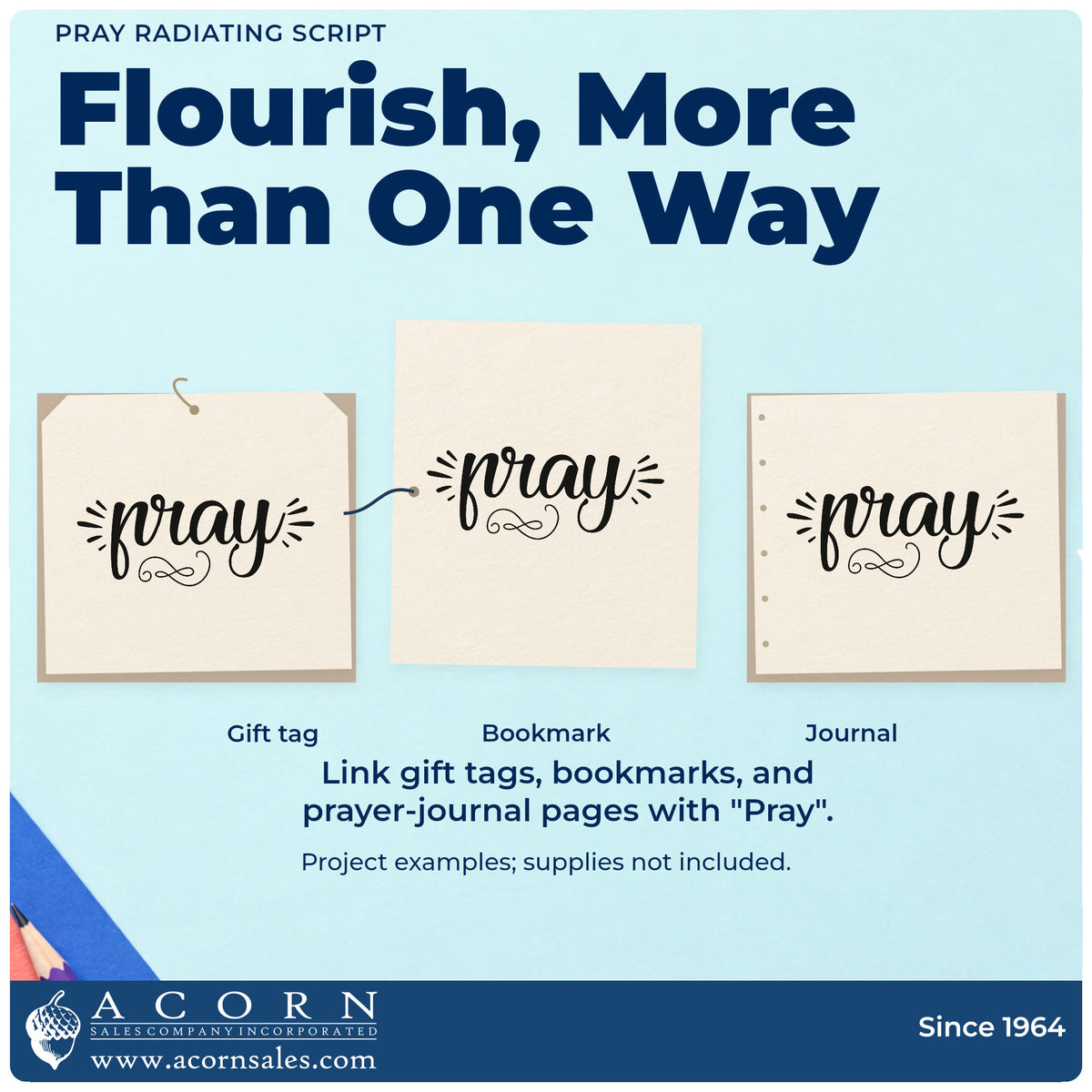 Three project examples made with the Pray Radiating Script Lettering Stamp - Premium Vintage Pro Wooden, including title word pages.