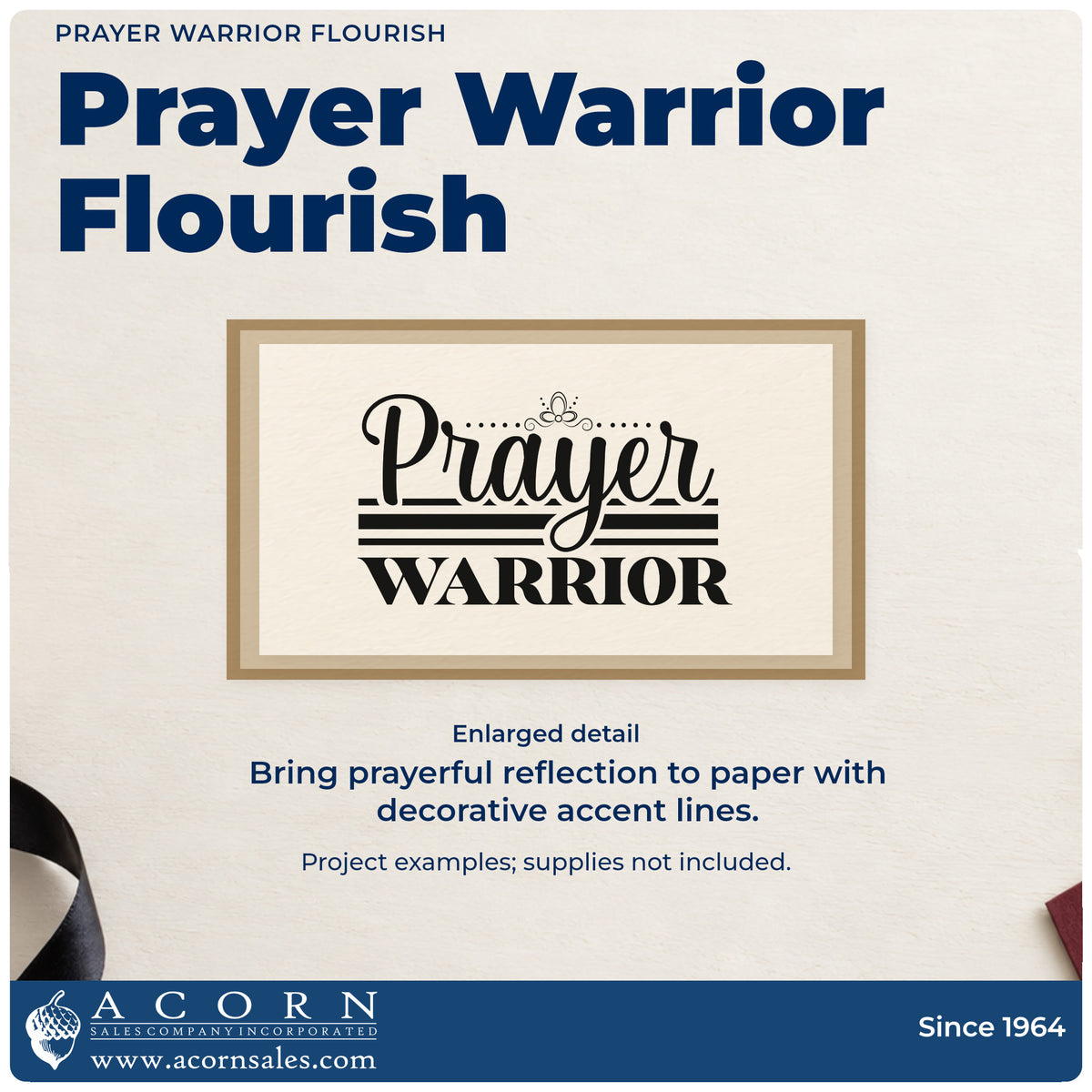 Enlarged detail of the PSI Pre-Inked Prayer Warrior Flourished Lettering Stamp imprint. Large "Prayer" script sits above bold "Warrior," separated by horizontal rules and topped with a small ornament.