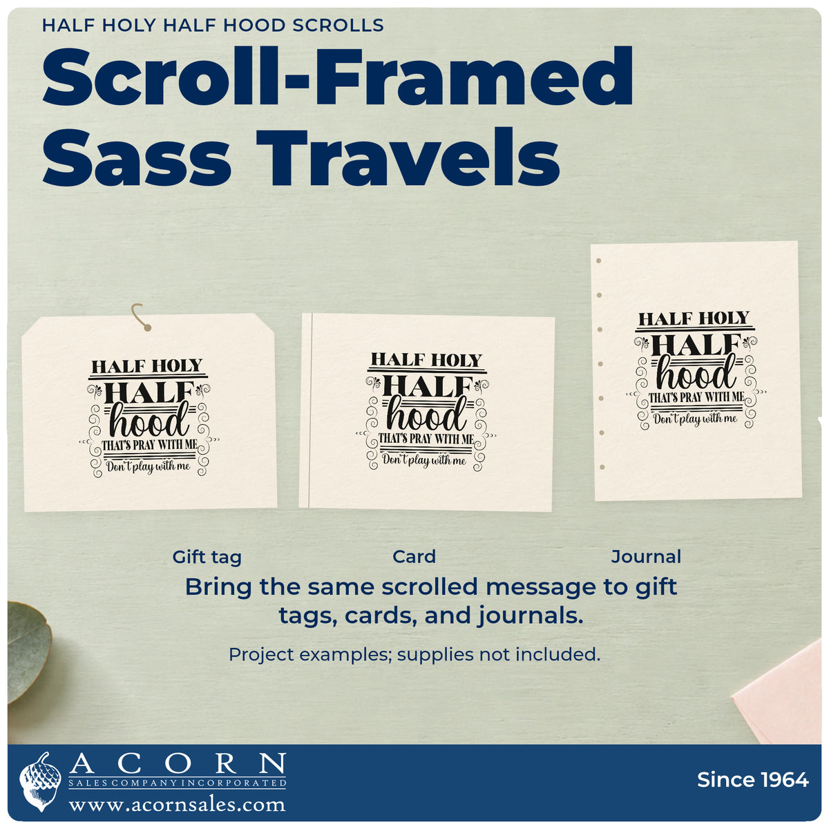 Three project examples made with the Vintage Pro Half Holy Half Hood Scrolls Premium Wooden Stamp, including friend pages.
