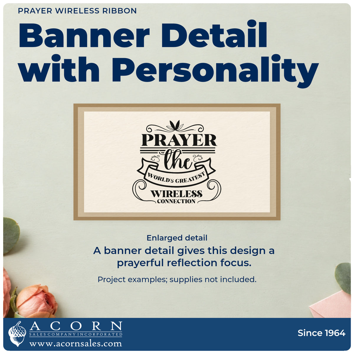 Enlarged detail of the Prayer Wireless Ribbon Lettering Flourish Pre-Inked Stamp – Slim imprint. A ribbon and decorative flourishes surround "Prayer, the world's greatest wireless connection."