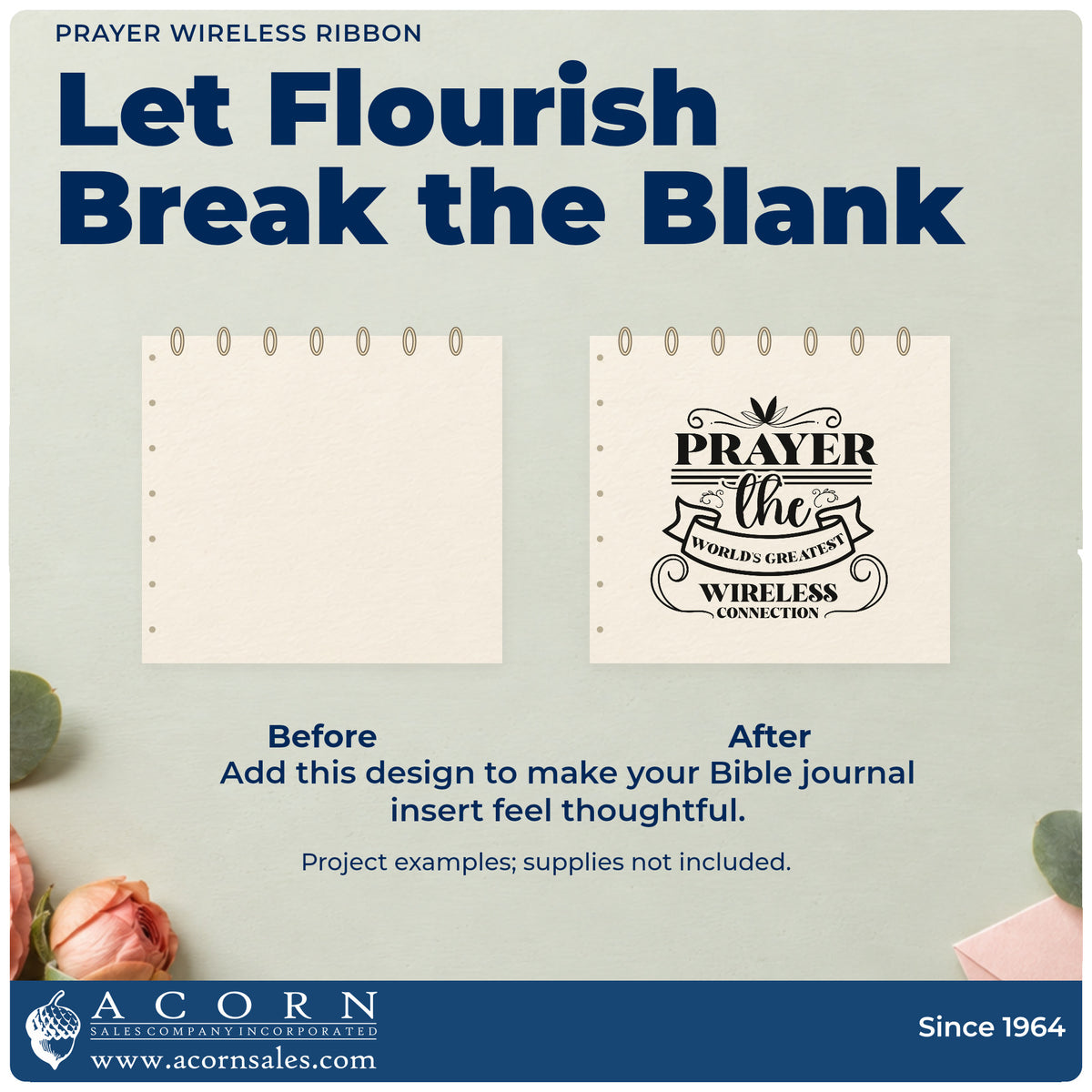 Before and after of a plain item finished with the Prayer Wireless Ribbon Lettering Flourish Pre-Inked Stamp – Slim, a quick upgrade for phone case inserts.