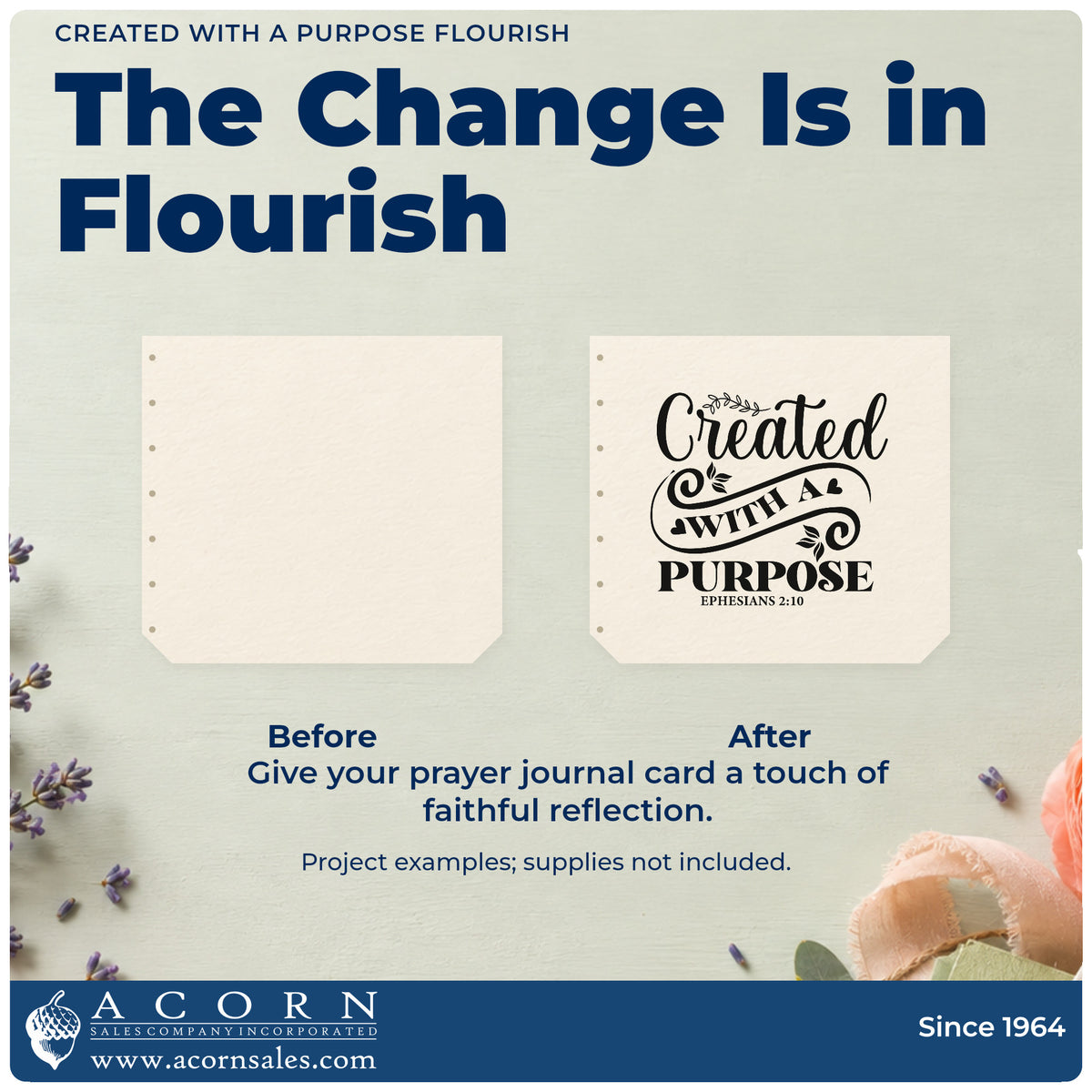 Before and after of a plain item finished with the Created With A Purpose Flourish Self-Inking Stamp, a quick upgrade for maker hang tags.