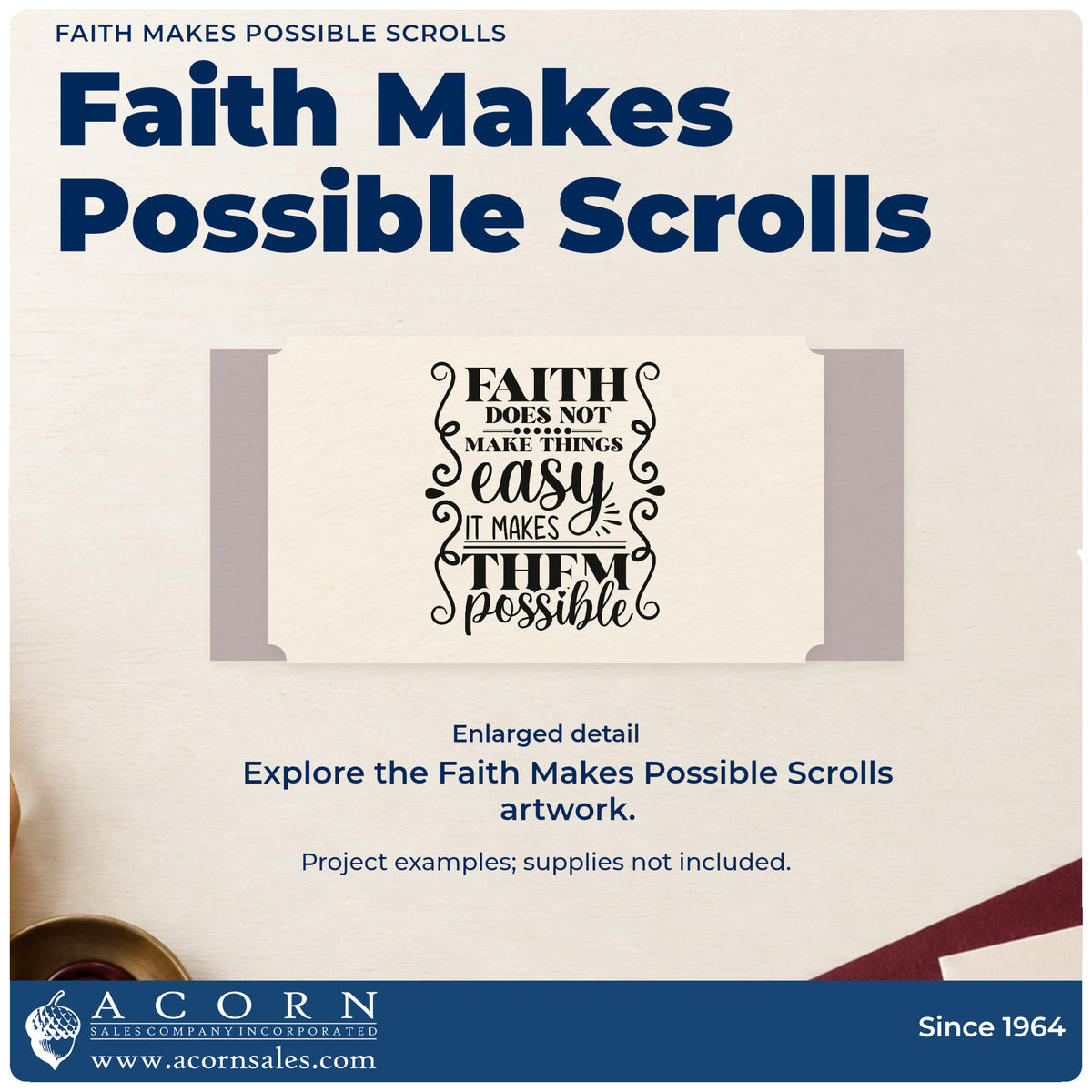 Enlarged detail of the Premium Wooden Faith Makes Possible Scrolls Frame Accent Stamp - Vintage Pro imprint. Tall side scrolls frame "Faith does not make things easy, it makes them possible."