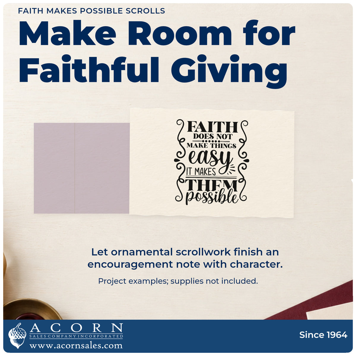 A finished handmade project stamped with the Faith Makes Possible Scrolls Frame Accent Rubber Stamp – Wood Handle, ideal for chemo care kits.