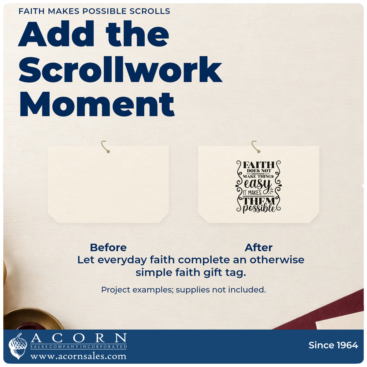 Before and after of a plain item finished with the Faith Makes Possible Scrolls Frame Accent Rubber Stamp – Wood Handle, a quick upgrade for caregiver notes.