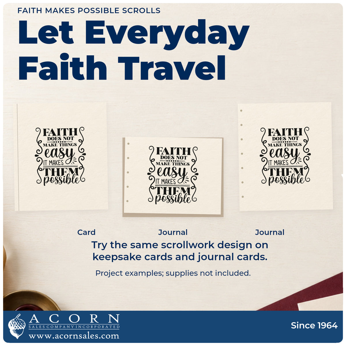 Three project examples made with the Premium Wooden Faith Makes Possible Scrolls Frame Accent Stamp - Vintage Pro, including effort pages.