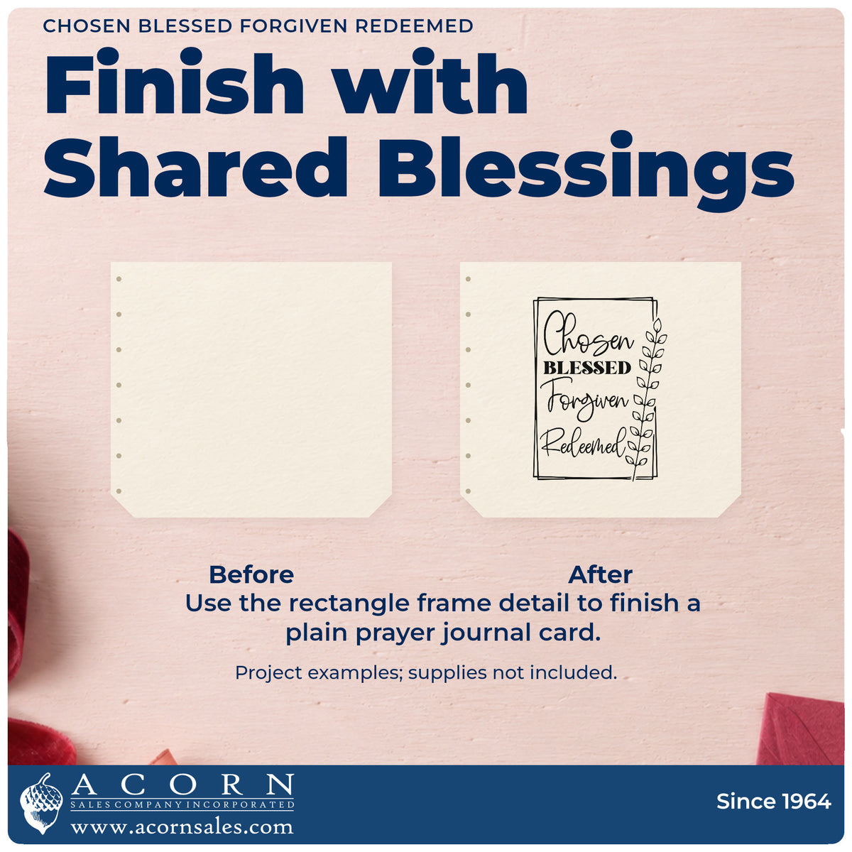 Before and after of a plain item finished with the Chosen, Blessed, Forgiven, Redeemed Leaf Accents Stamp - Premium Vintage Pro Wooden, a quick upgrade for door frame signs.